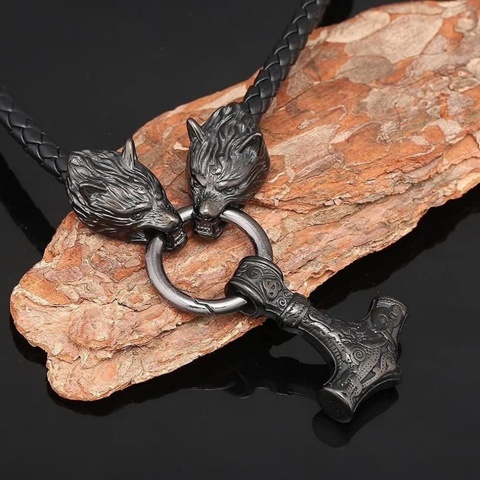 Viking Mjolnir Wolf Leather Rope Necklace