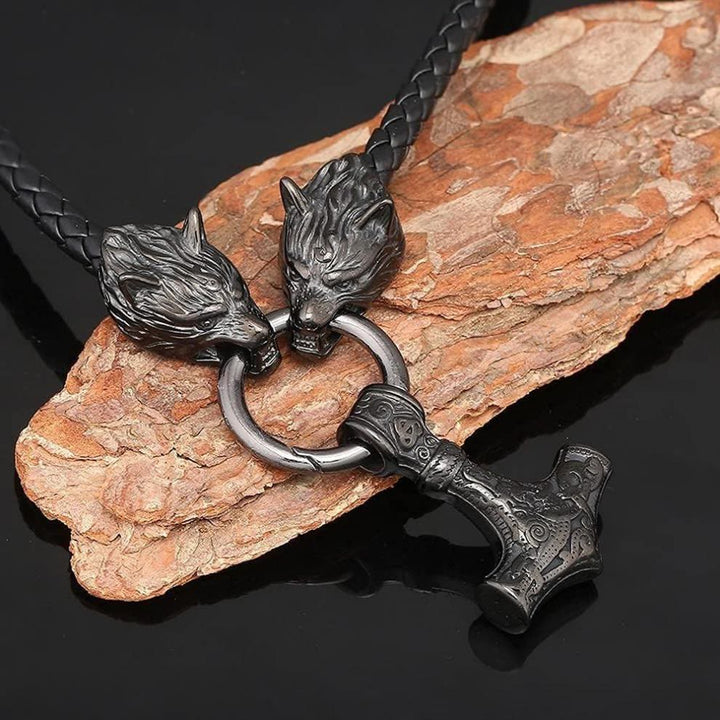Viking Mjolnir Wolf Leather Rope Necklace