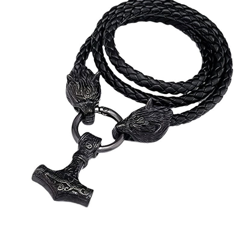 Viking Mjolnir Wolf Leather Rope Necklace