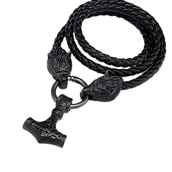 Viking Mjolnir Wolf Leather Rope Necklace