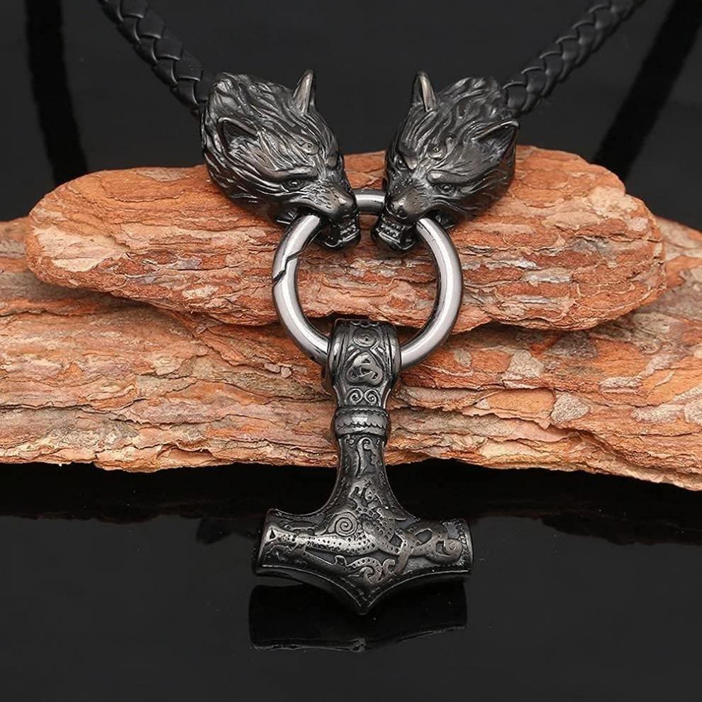 Viking Mjolnir Wolf Leather Rope Necklace