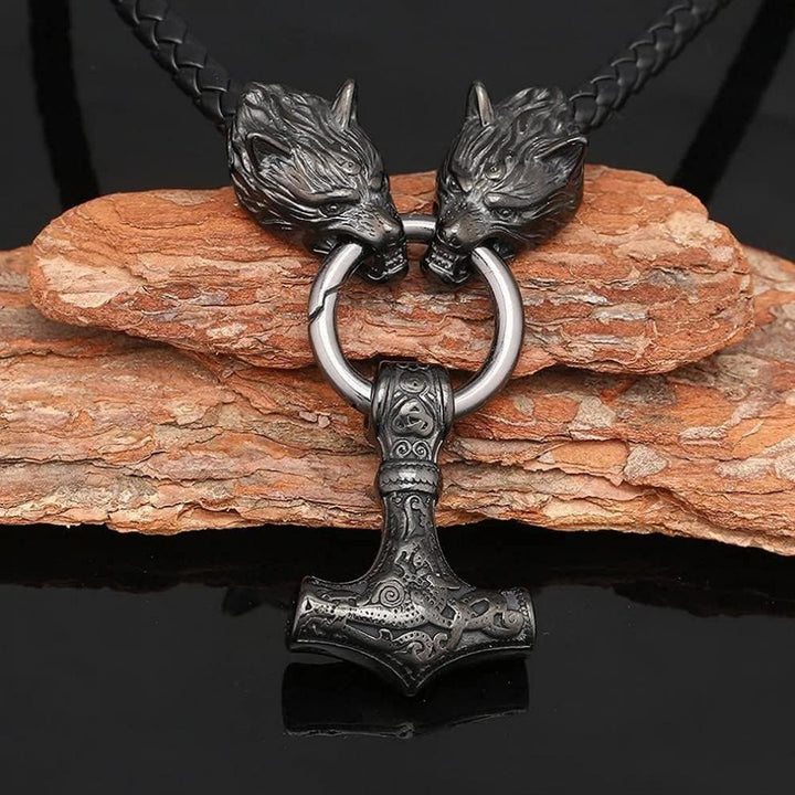 Viking Mjolnir Wolf Leather Rope Necklace