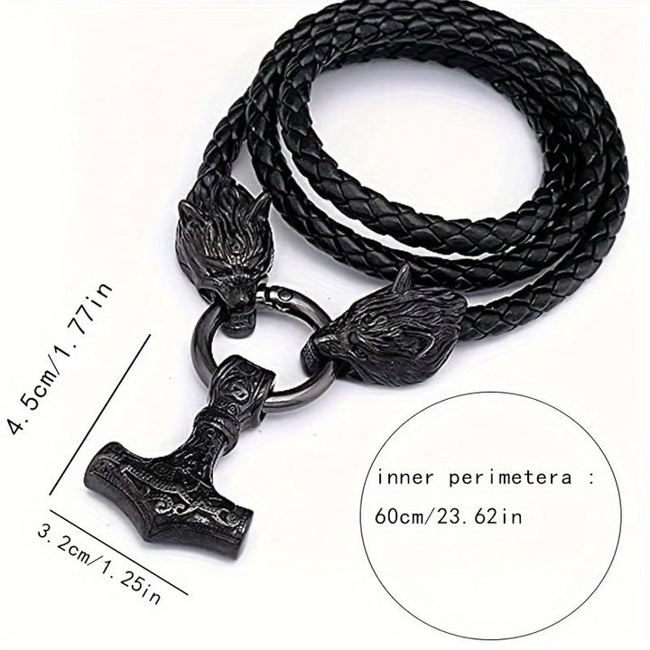 Viking Mjolnir Wolf Leather Rope Necklace