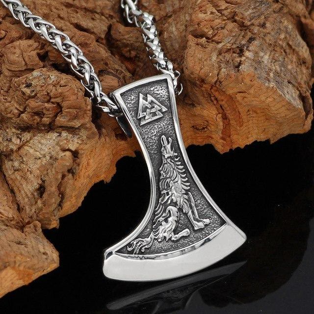 Viking Axe With Wolf And Raven Necklace