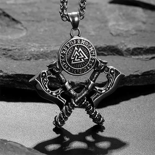 Crossed Viking Axe Valknut Rune Necklace