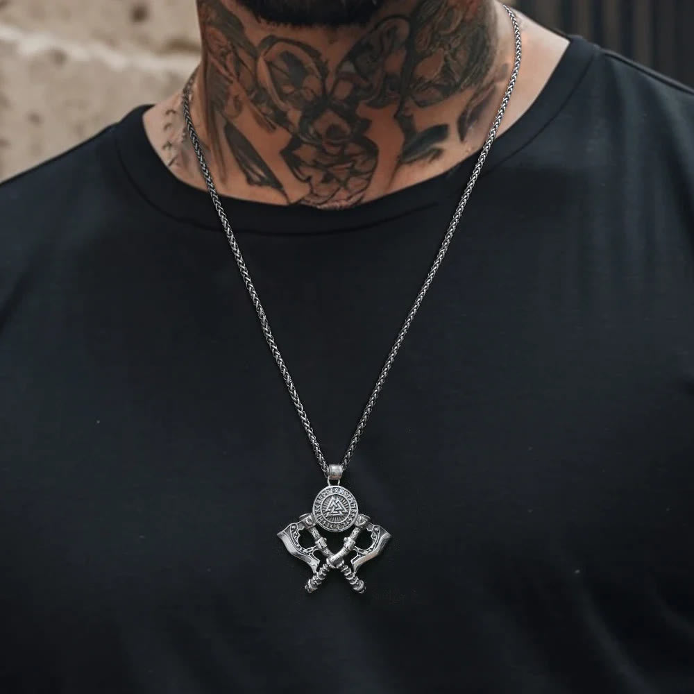 Crossed Viking Axe Valknut Rune Necklace