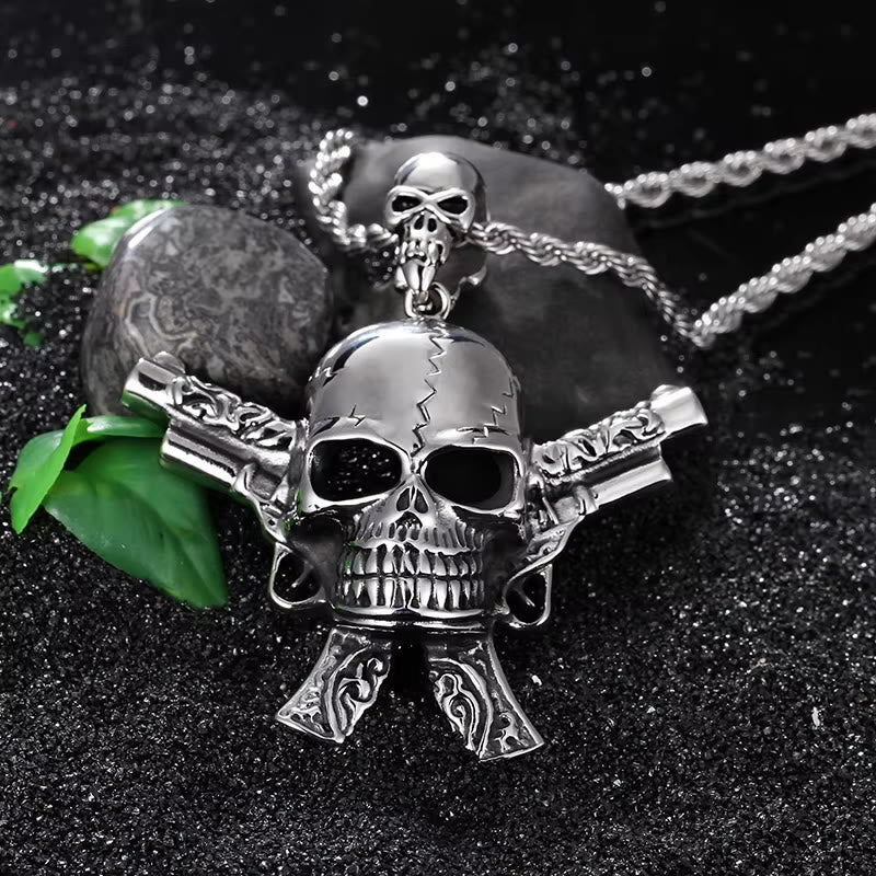 Cracked Skull Crossed Pistols Necklace