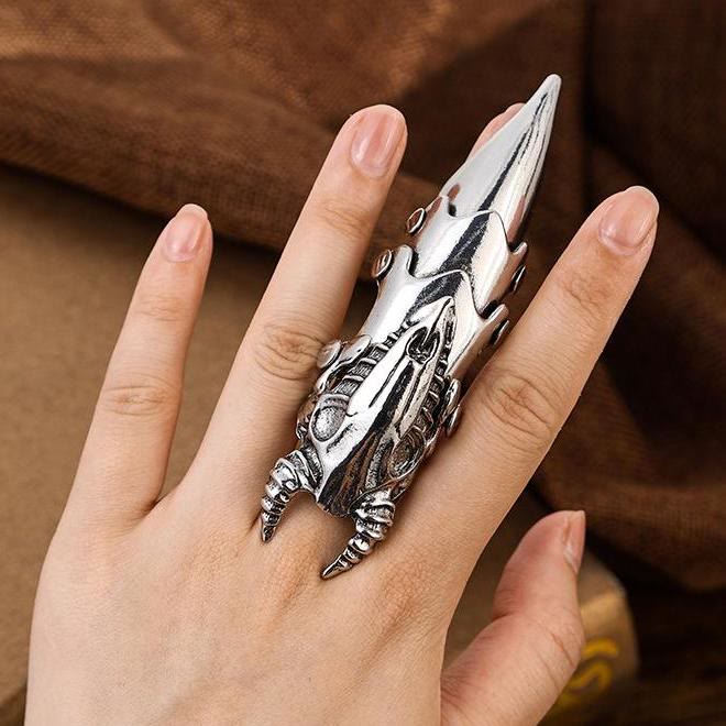 Long Finger Silver Double Loop Armor Ring