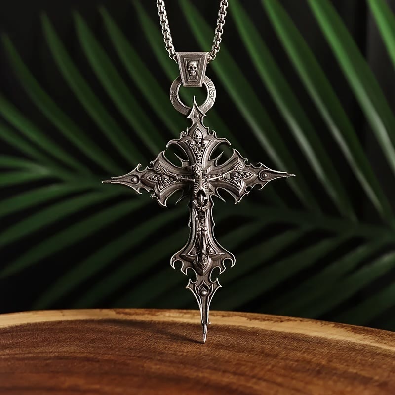 Bones of Faith Gothic Skull Cross Pendant Necklace