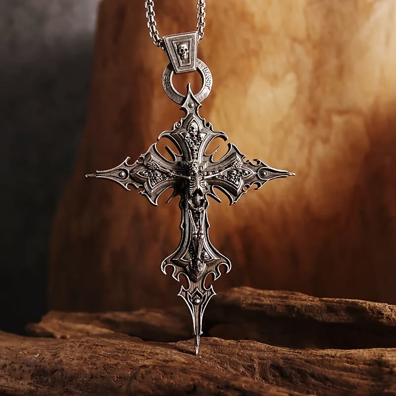 Bones of Faith Gothic Skull Cross Pendant Necklace