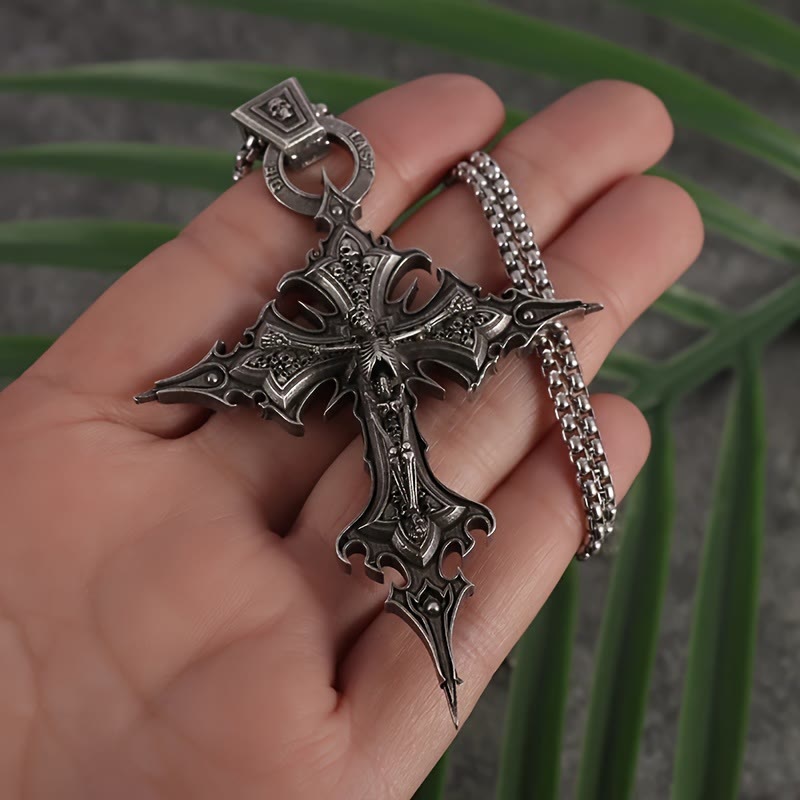 Bones of Faith Gothic Skull Cross Pendant Necklace