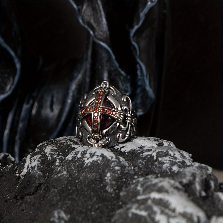 Gothic Red Stone Cross Ring