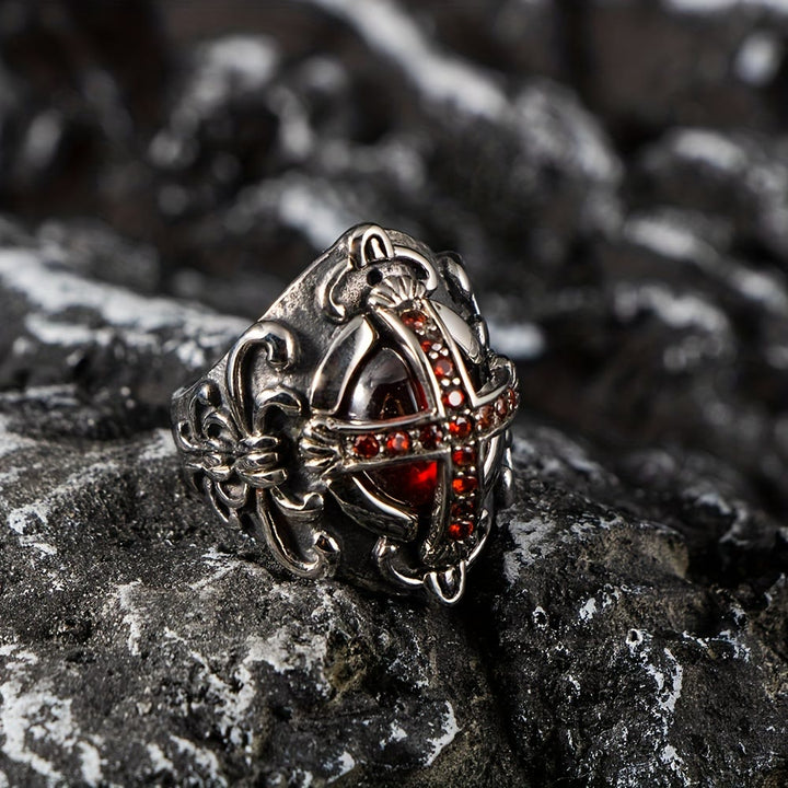 Gothic Red Stone Cross Ring