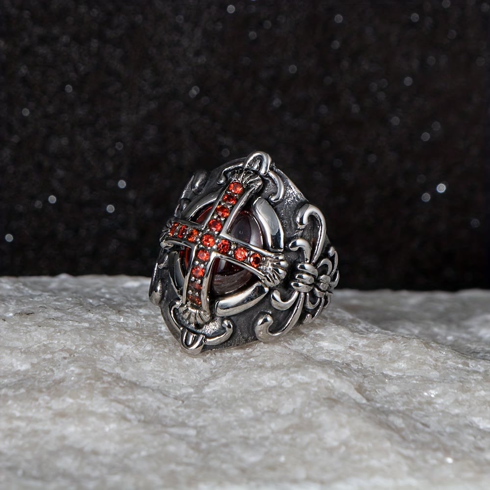Gothic Red Stone Cross Ring