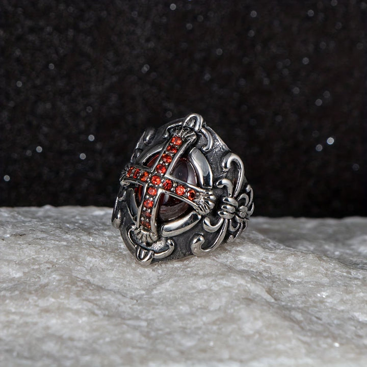 Gothic Red Stone Cross Ring