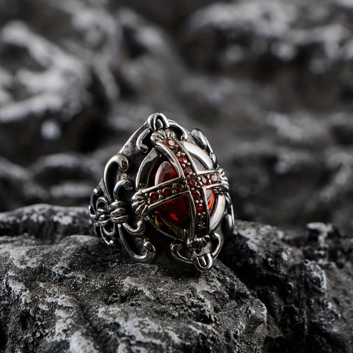 Gothic Red Stone Cross Ring