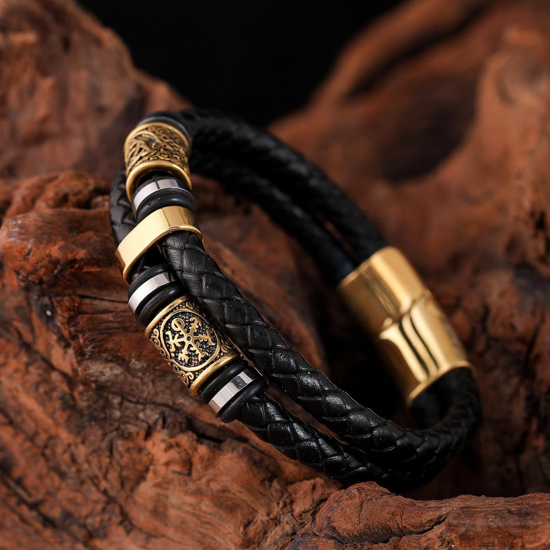 Norse Symbol Magnetic Clasp Braided Leather Bracelet