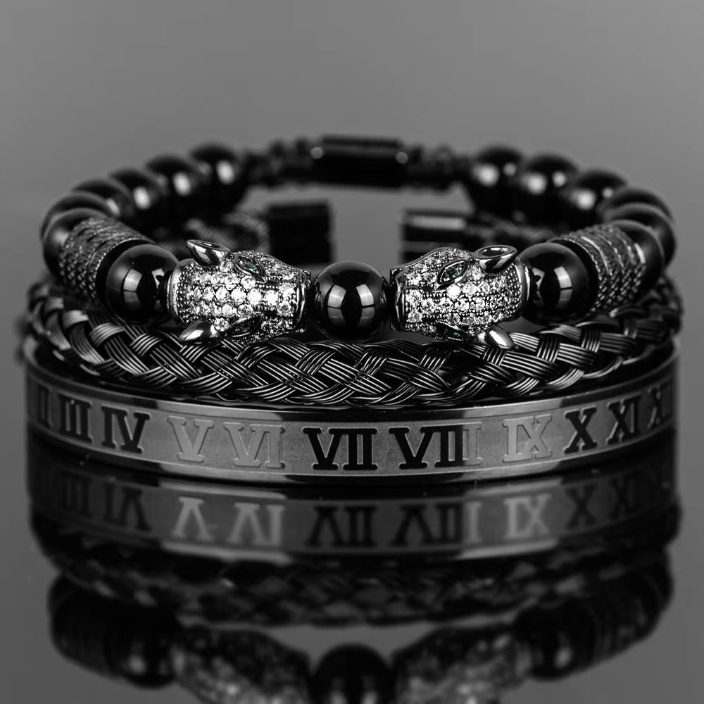 Double Leopard Head Roman Numerals Beaded Bracelet