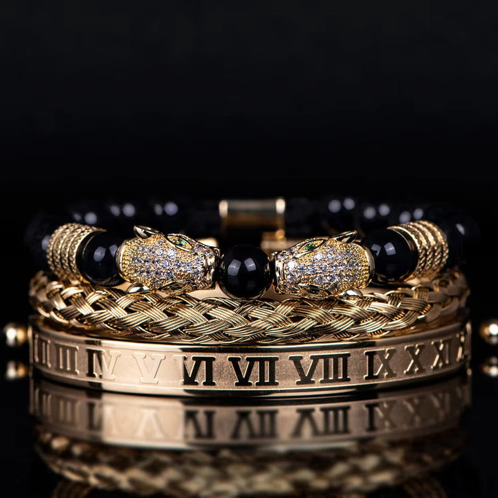 Double Leopard Head Roman Numerals Beaded Bracelet