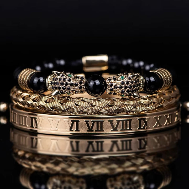Double Leopard Head Roman Numerals Beaded Bracelet