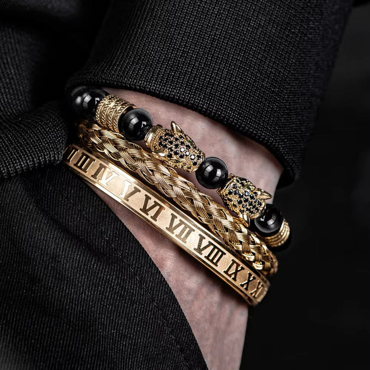 Double Leopard Head Roman Numerals Beaded Bracelet
