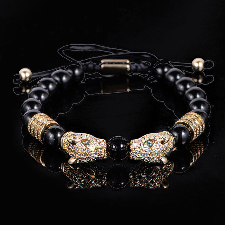 Double Leopard Head Roman Numerals Beaded Bracelet