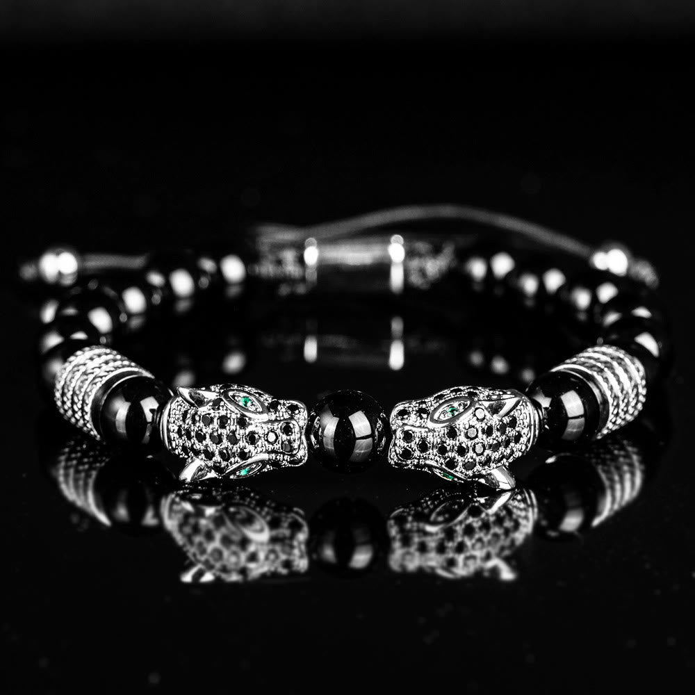 Double Leopard Head Roman Numerals Beaded Bracelet