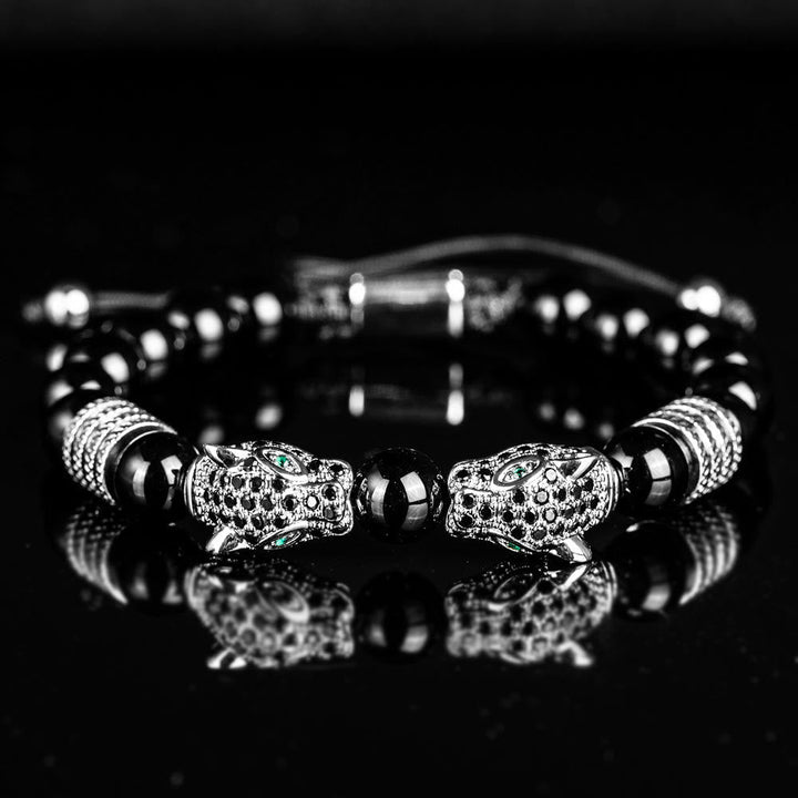 Double Leopard Head Roman Numerals Beaded Bracelet