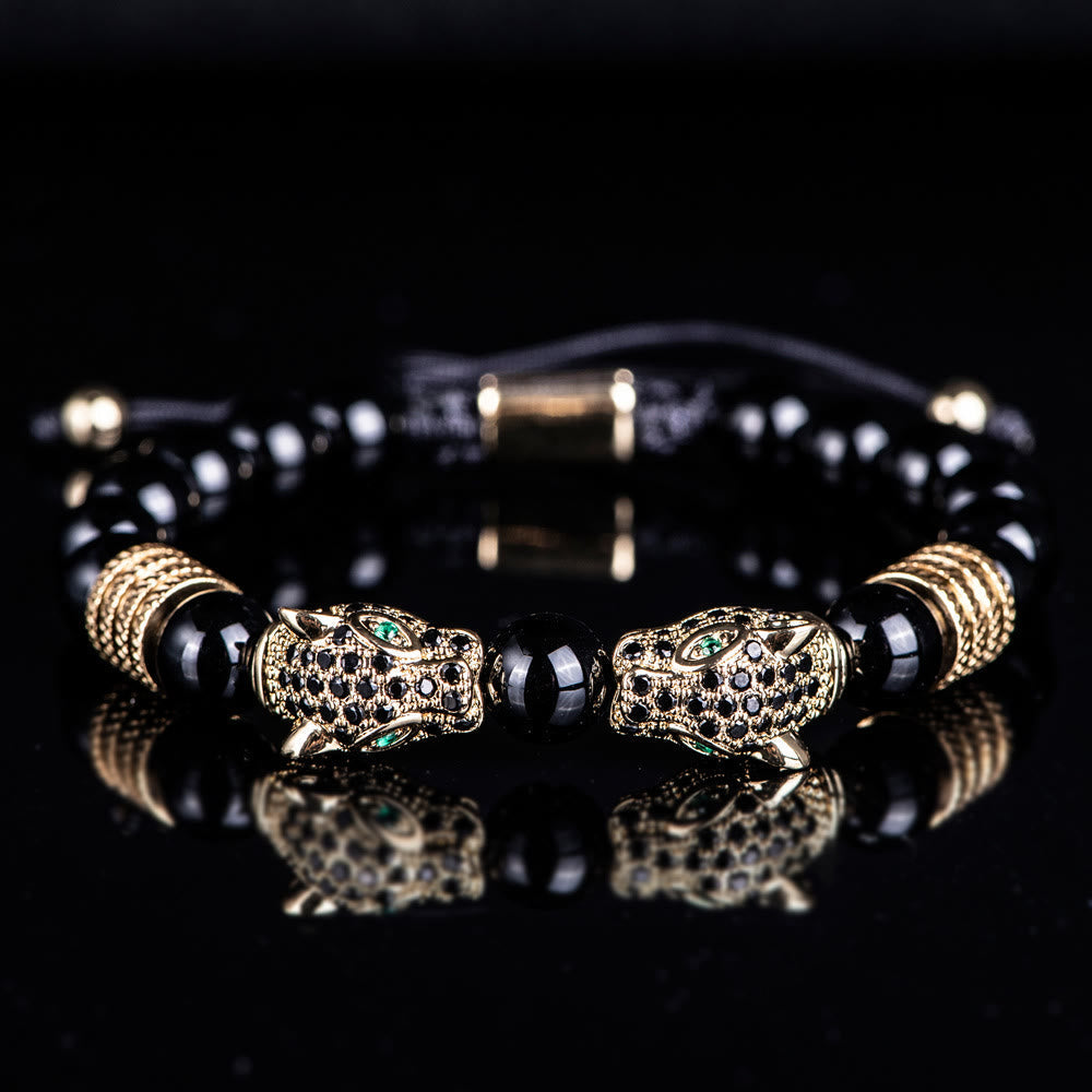 Double Leopard Head Roman Numerals Beaded Bracelet