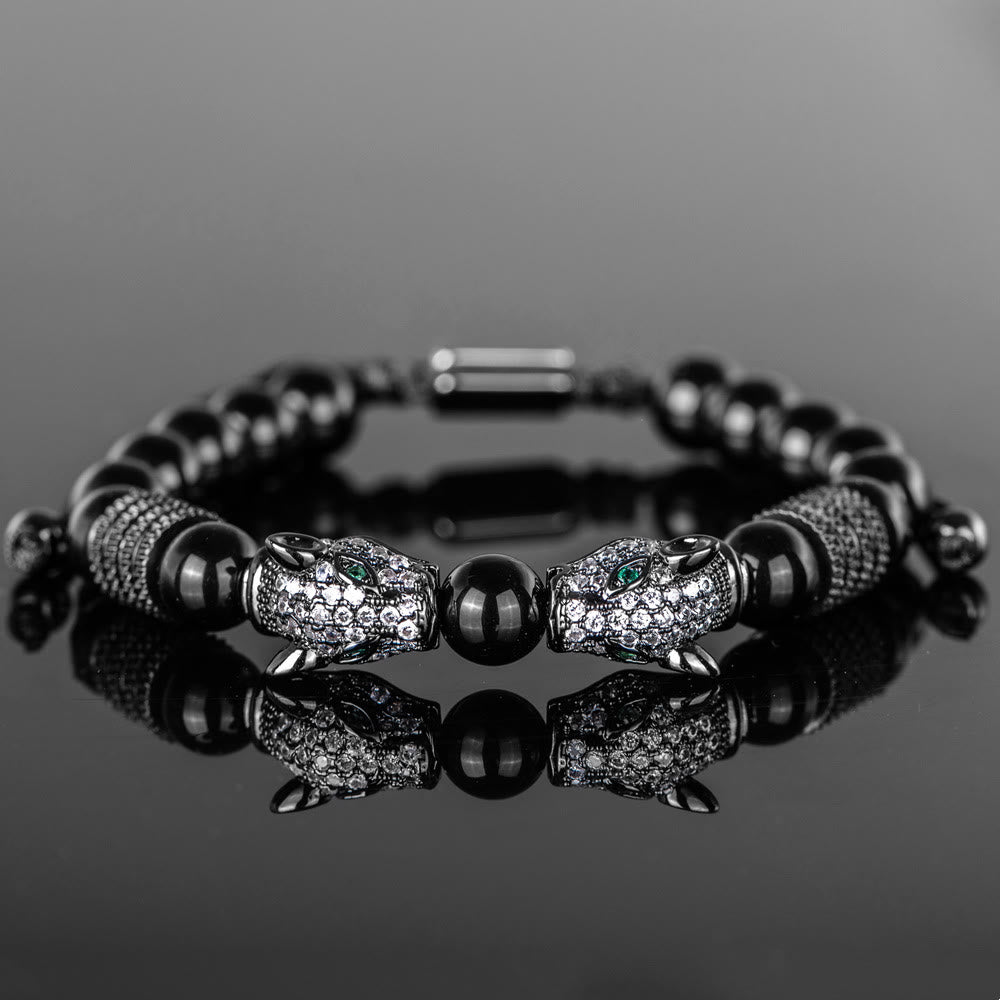 Double Leopard Head Roman Numerals Beaded Bracelet