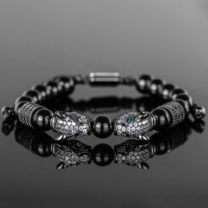 Double Leopard Head Roman Numerals Beaded Bracelet