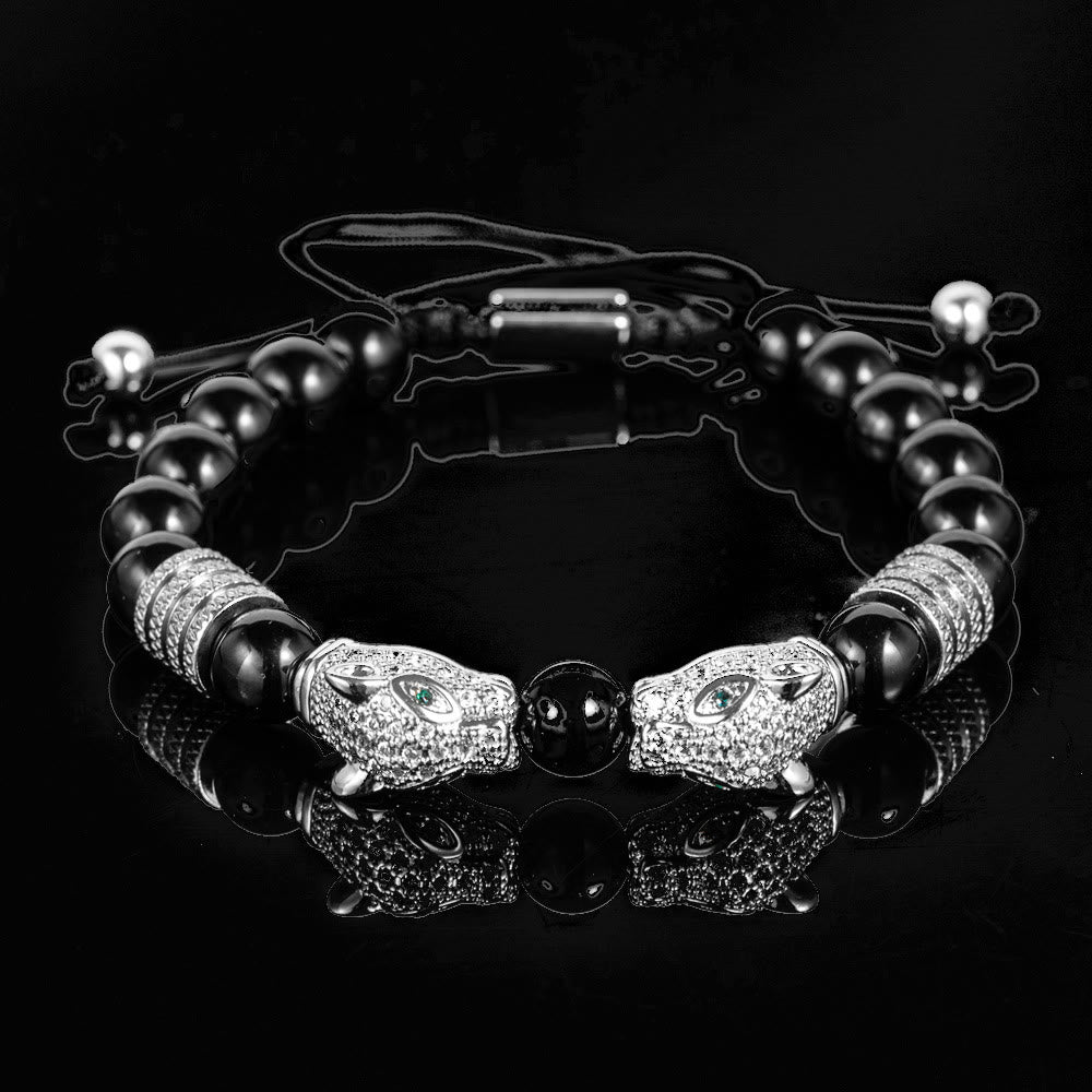 Double Leopard Head Roman Numerals Beaded Bracelet