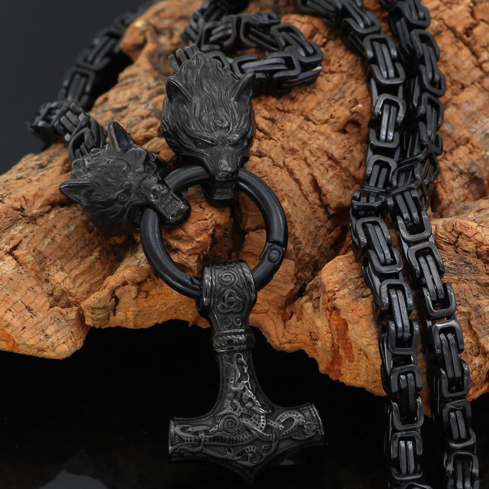 Viking Style Wolf Head Mjolnir Necklace