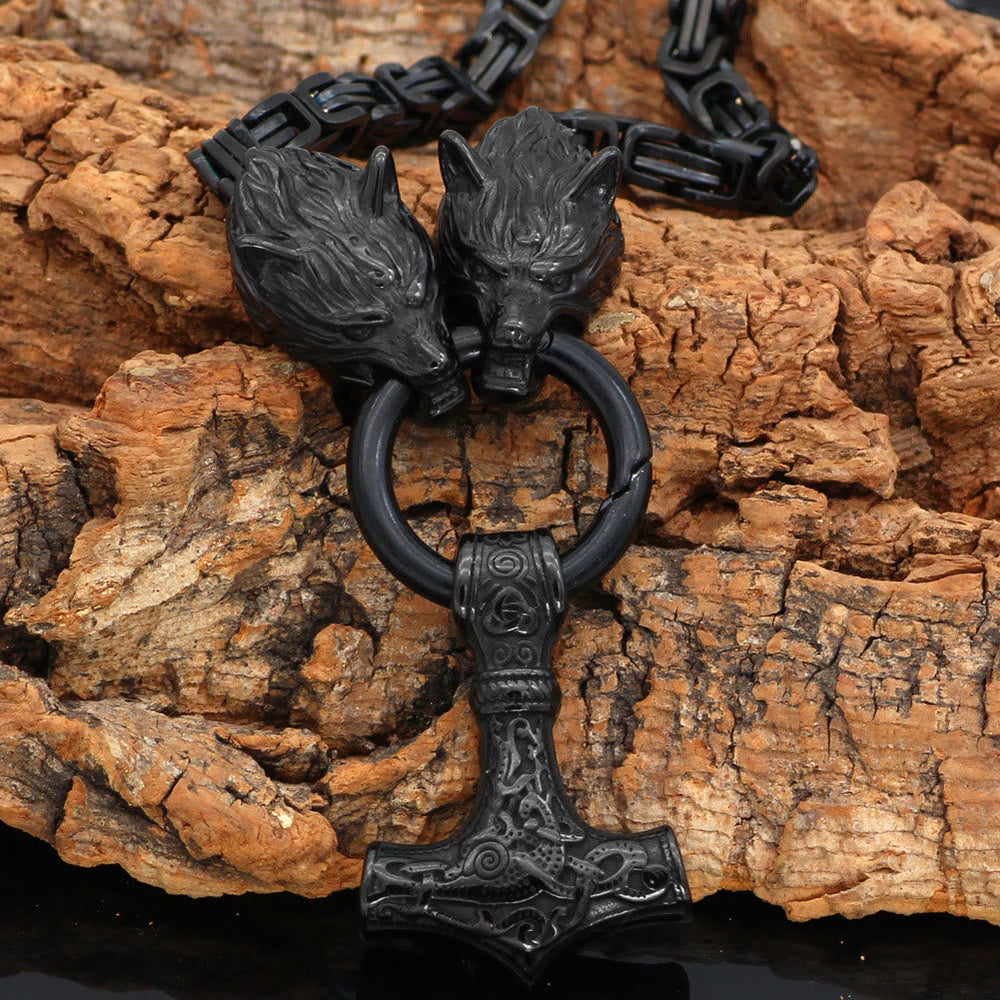 Viking Style Wolf Head Mjolnir Necklace