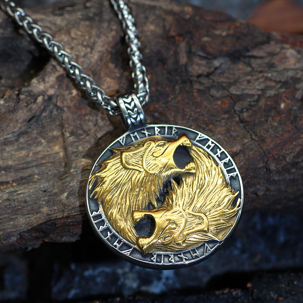 Odin's Wolves with Runic Inscription Necklace