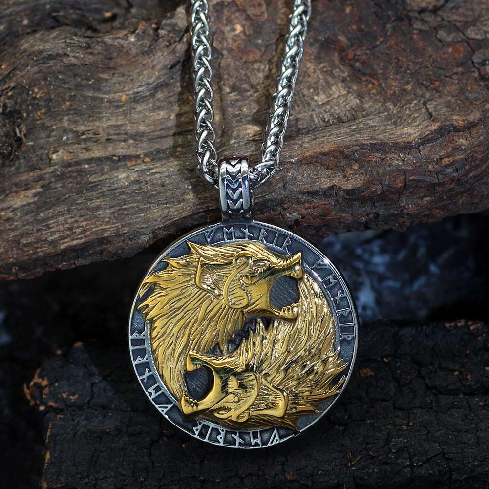 Odin's Wolves with Runic Inscription Necklace