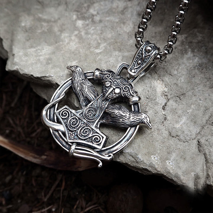 Handcrafted 925 Silver Mjolnir Huginn and Muninn Necklace