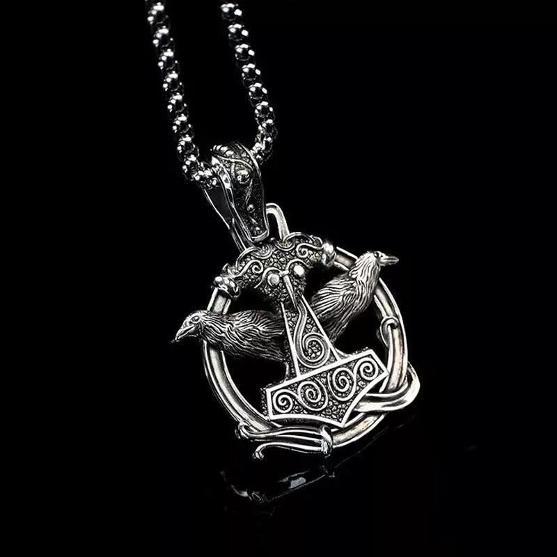 Handcrafted 925 Silver Mjolnir Huginn and Muninn Necklace