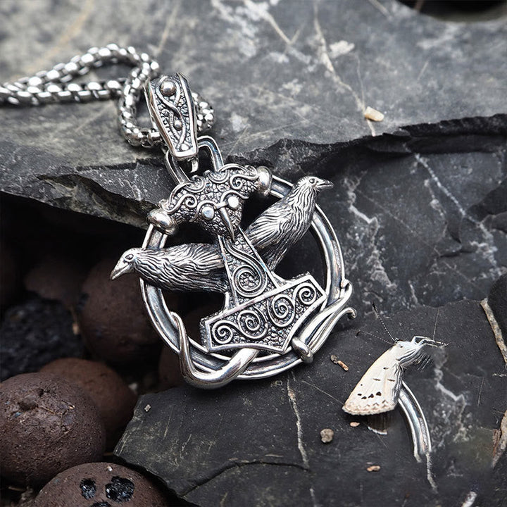 Handcrafted 925 Silver Mjolnir Huginn and Muninn Necklace