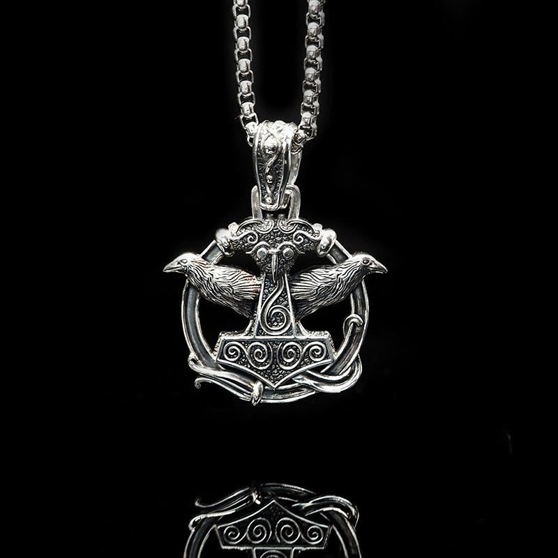 Handcrafted 925 Silver Mjolnir Huginn and Muninn Necklace
