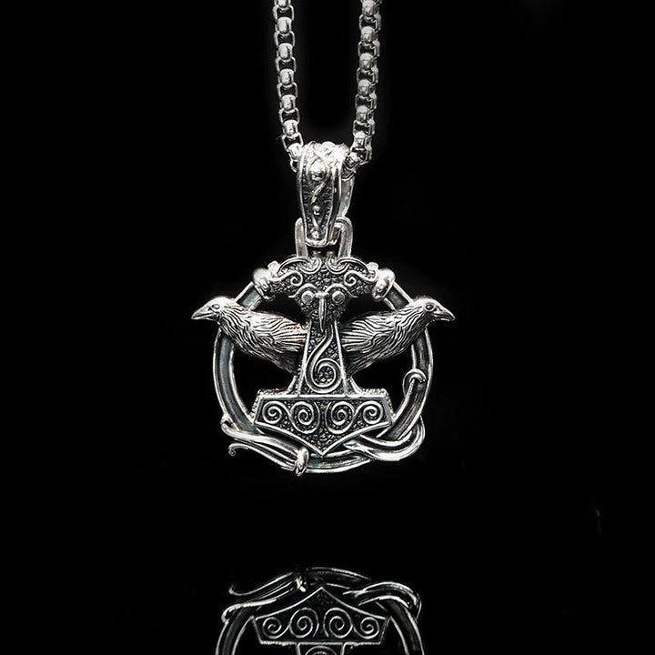 Handcrafted 925 Silver Mjolnir Huginn and Muninn Necklace