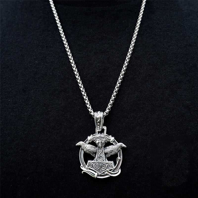 Handcrafted 925 Silver Mjolnir Huginn and Muninn Necklace