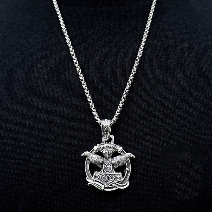 Handcrafted 925 Silver Mjolnir Huginn and Muninn Necklace