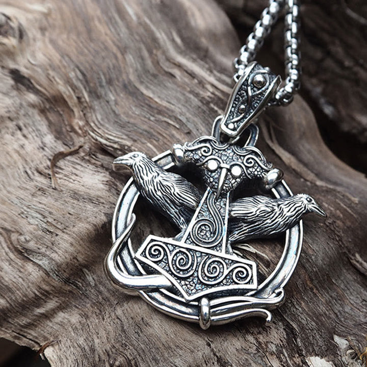 Handcrafted 925 Silver Mjolnir Huginn and Muninn Necklace
