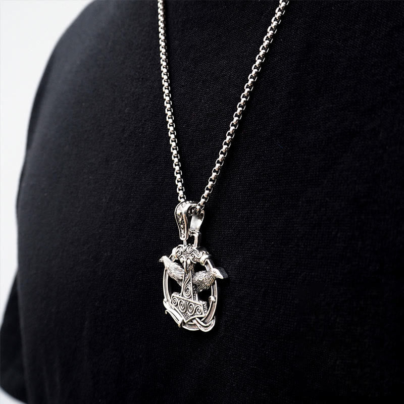 Handcrafted 925 Silver Mjolnir Huginn and Muninn Necklace