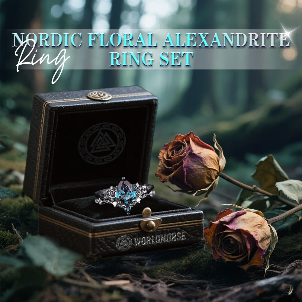 Nordic Floral Alexandrite Ring Set