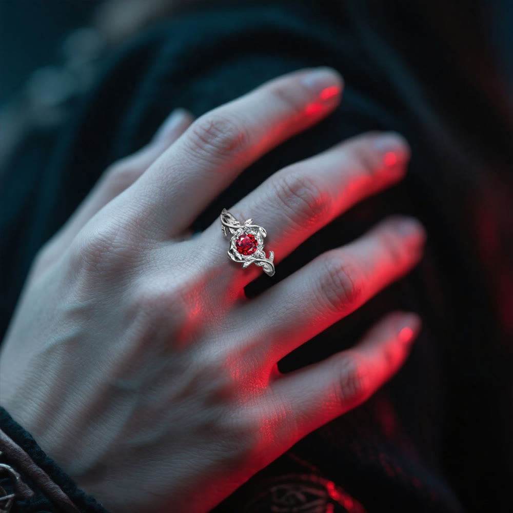 Freyja's Flame Leaf Wreath Garnet Ring