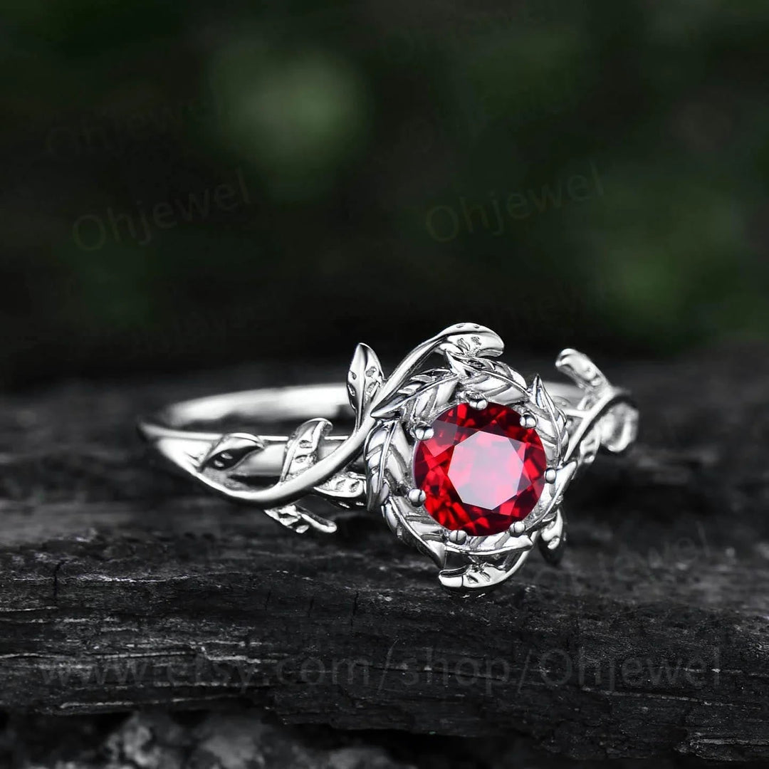 Freyja's Flame Leaf Wreath Garnet Ring