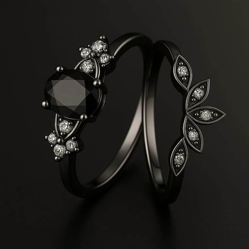 Black Onyx Tear Crown Ring Set