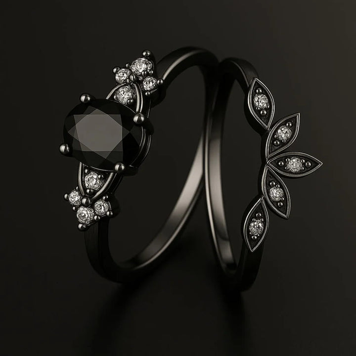 Black Onyx Tear Crown Ring Set